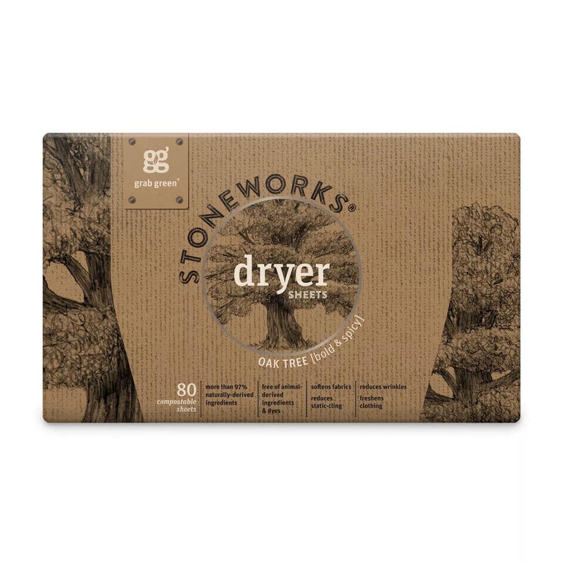 Grab Green Stoneworks Cruelty-Free Dryer Sheets | Softens Fabrics, Freshens Clothing & Reduces Static-Cling and Wrinkles | Plant Based | Oak Tree Scent (80 Sheets) - Image 1